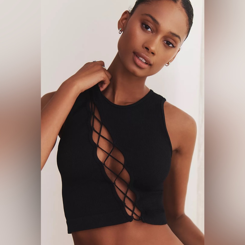 NWT Black The Reegan Seamless Lace-Up Ribbed Cropped Tank Size XXS/XS